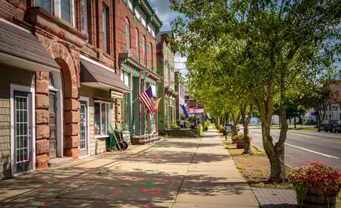 Main street USA store fronts on a summer day in a small town