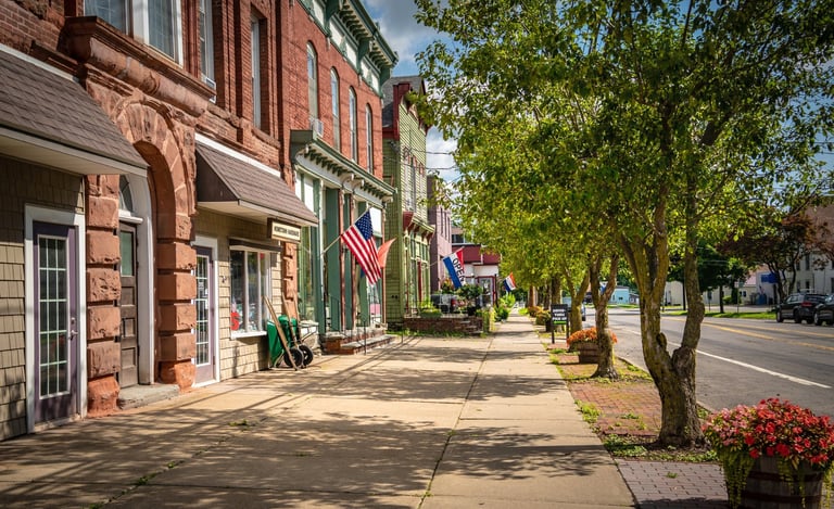 Main street USA store fronts on a summer day in a small town
