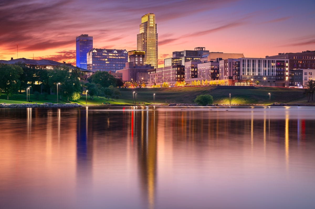 Downtown Omaha skyline autumn sunset