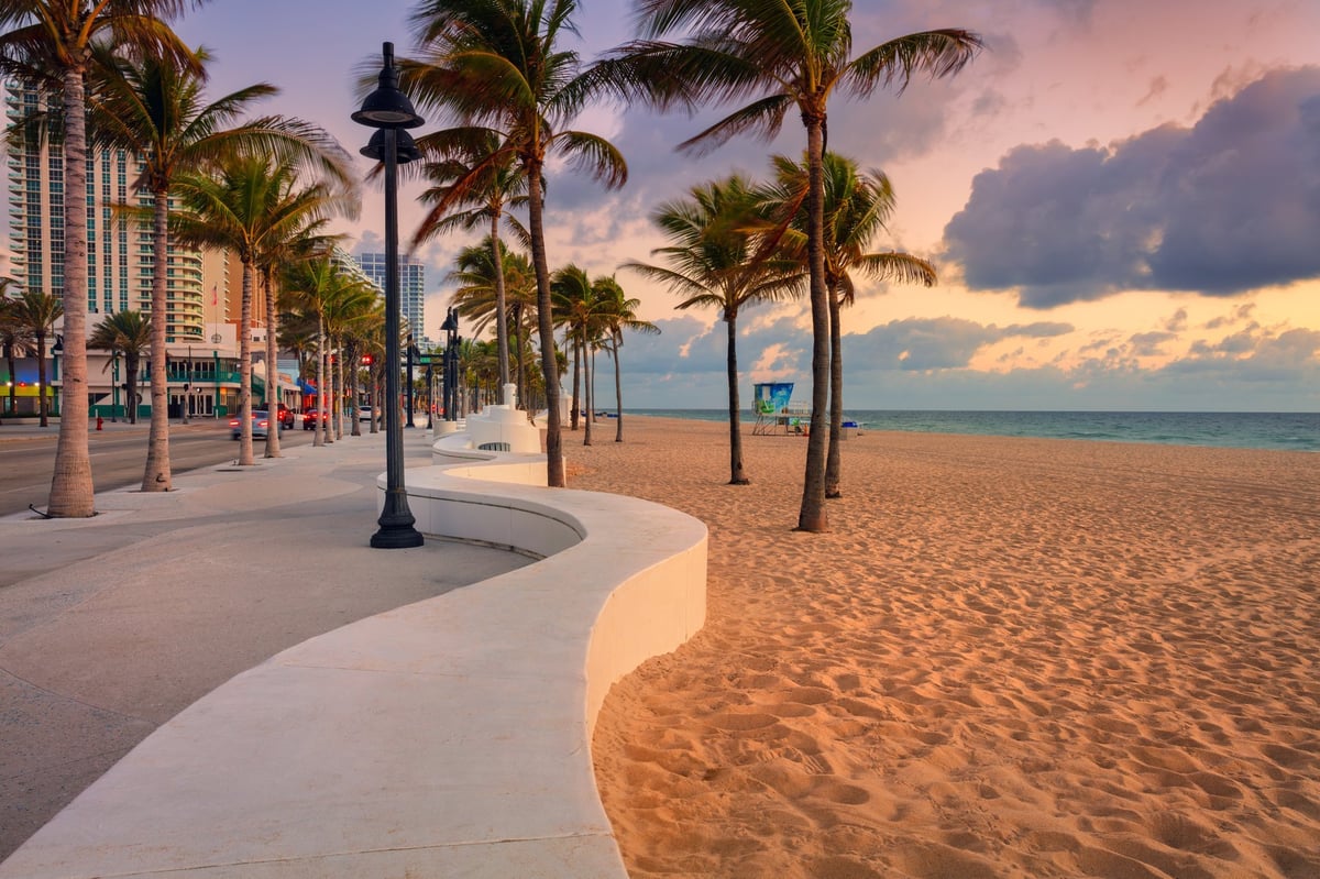 Palm trees border a sandy beach in Fort Lauderdale Florida