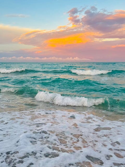 South Carolina beach coastline with golden sand and gentle waves at sunset