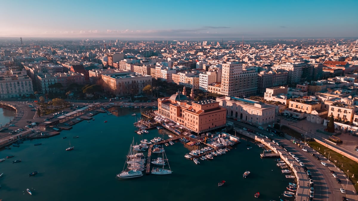 Aerial view of historic waterfront buildings
