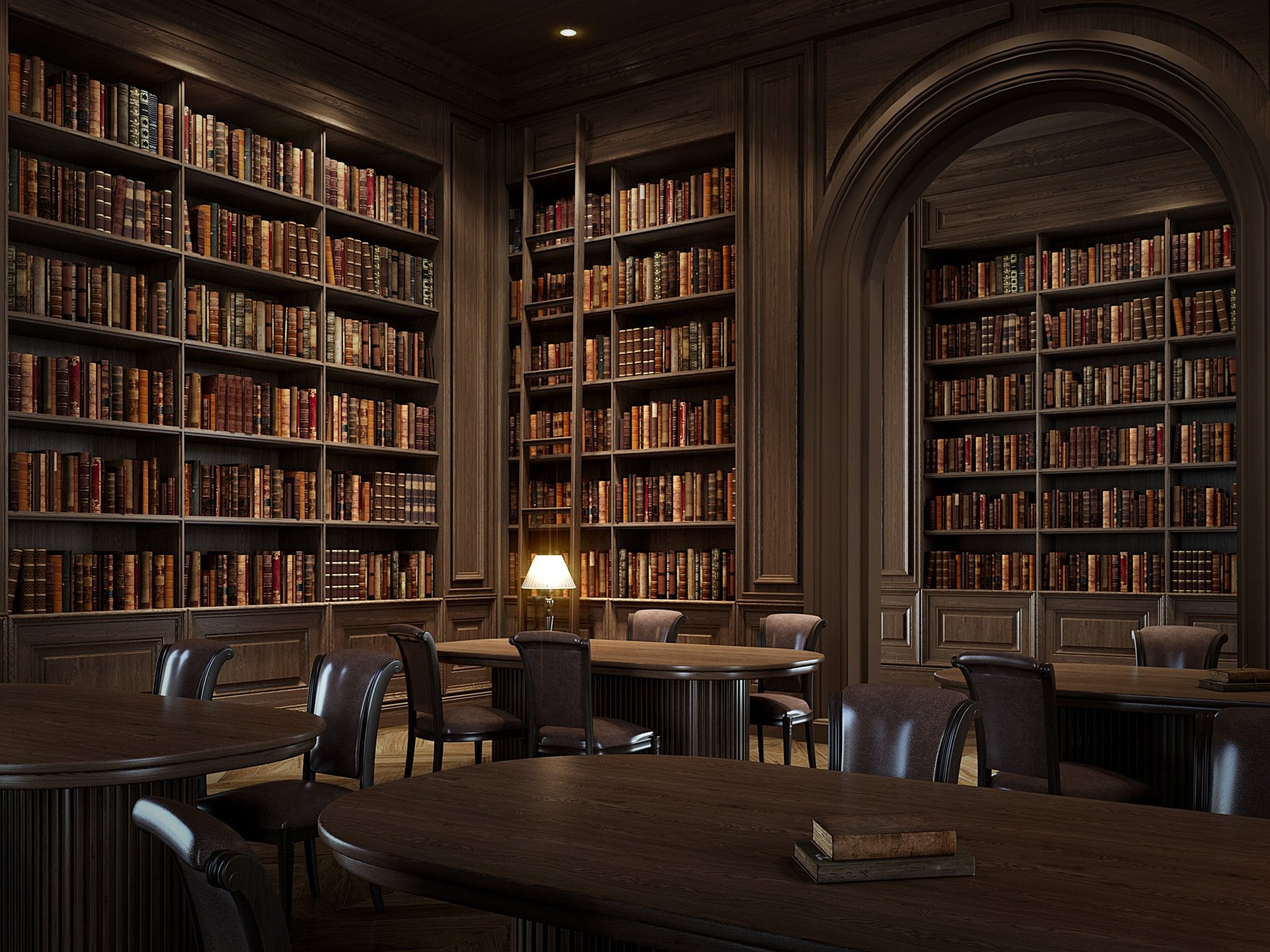Elegant classic library interior with tall wooden bookshelves filled with vintage books and warm lighting