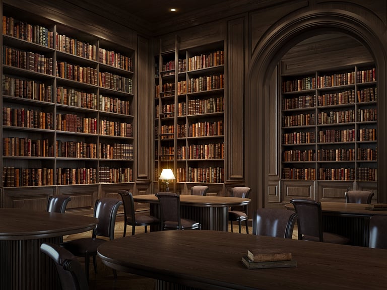 Elegant classic library interior with tall wooden bookshelves filled with vintage books and warm lighting