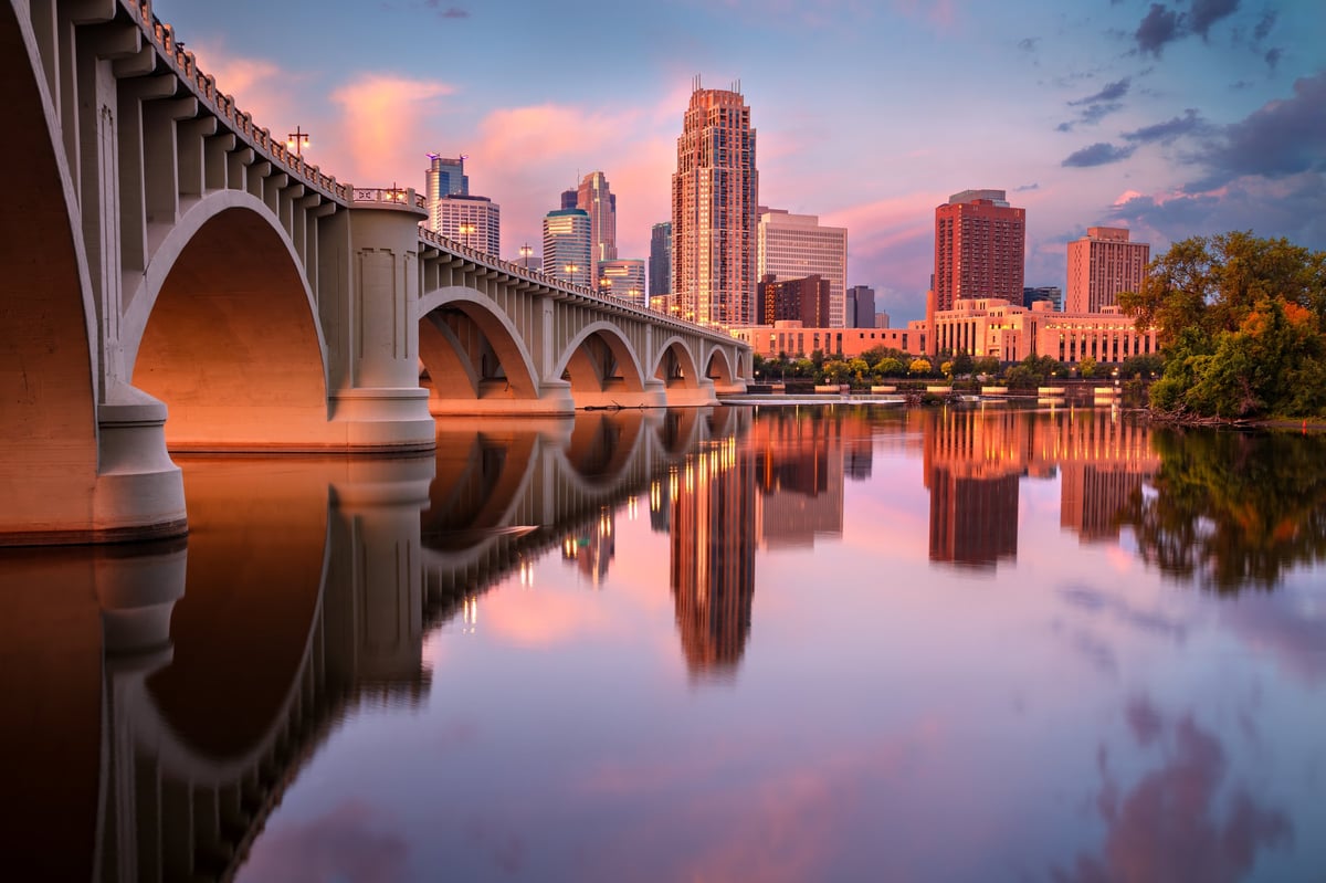 Minneapolis skyline sunrise Mississippi River