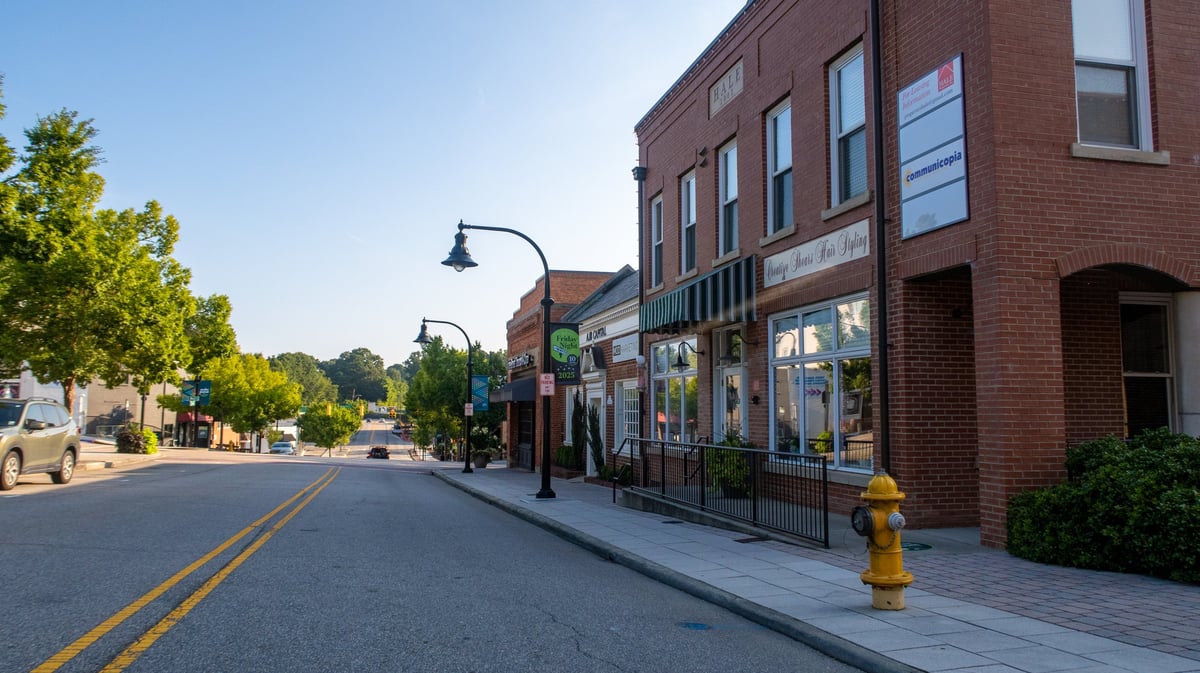 Historic downtown southern community with tree-lined streets and charming storefronts