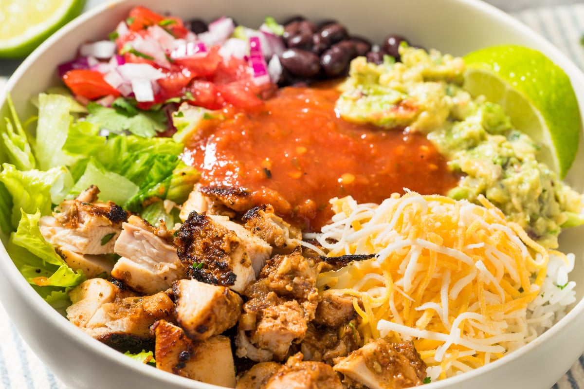 Homemade Mexican Burrito Bowl with Chipotle Chicken Cheese and Guacamole