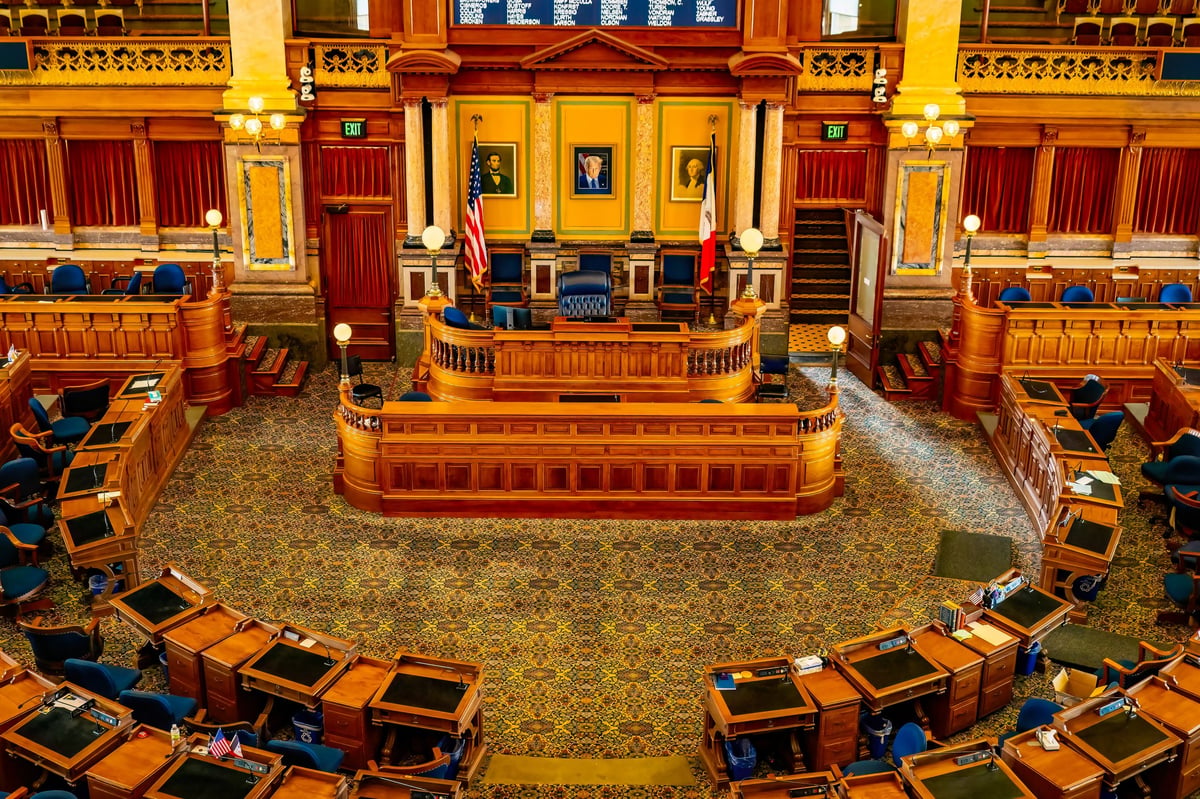Interior view of the Iowa House of Representatives chamber inside the Iowa State Capitol