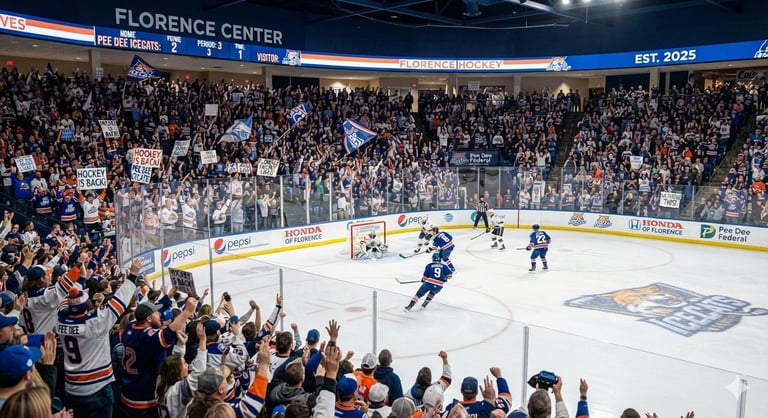 Hockey game at Florence Center with crowded stands, players on ice in blue jerseys, and spectators cheering.