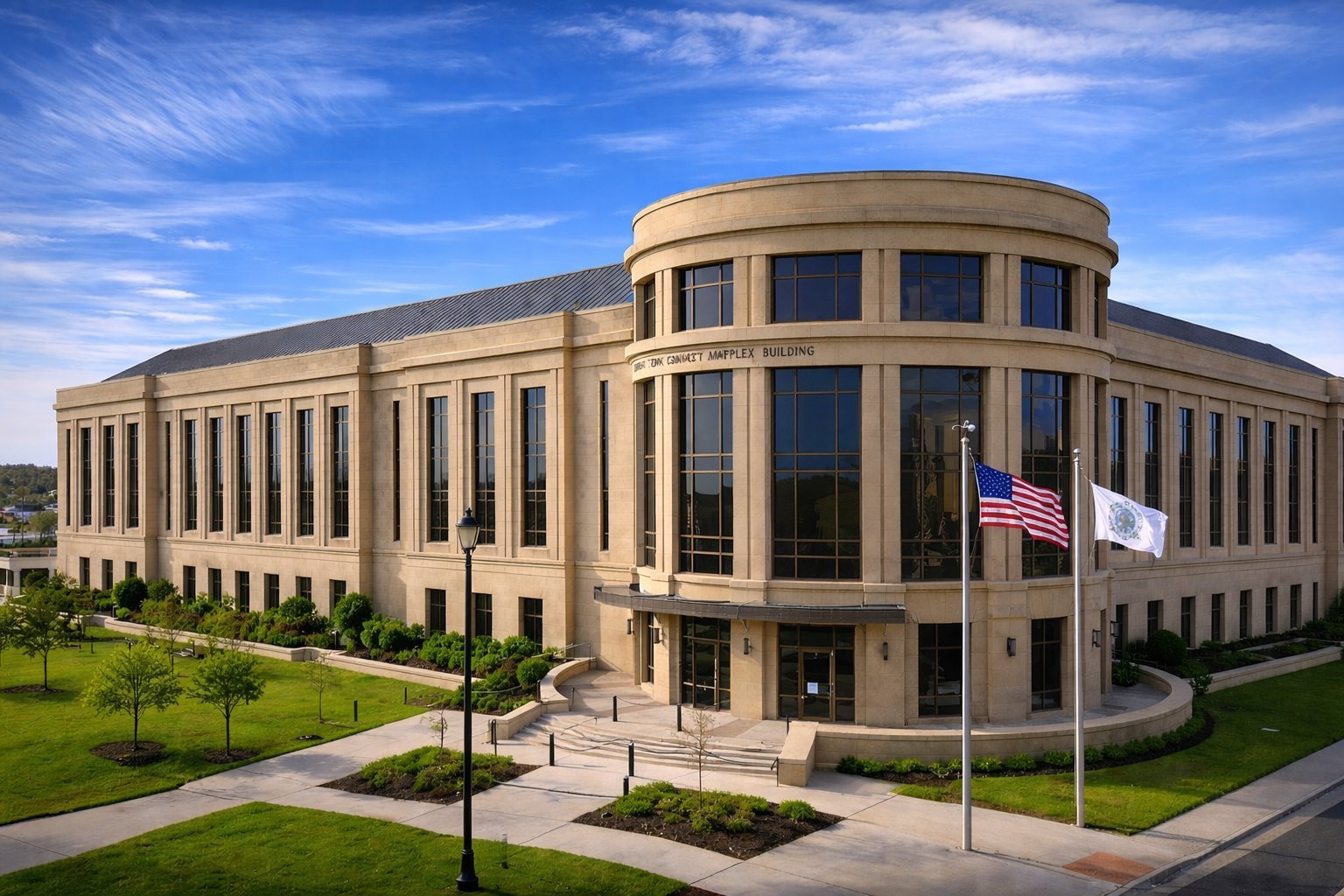 Modern beige government building with curved architecture, columns, flags, and manicured lawn under blue sky