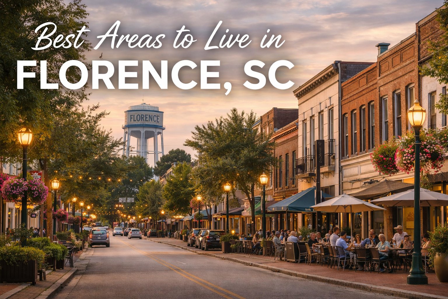 Evening street scene in Florence, SC with historic brick buildings, street lamps, outdoor dining, and Florence water tower illuminated in the distance
