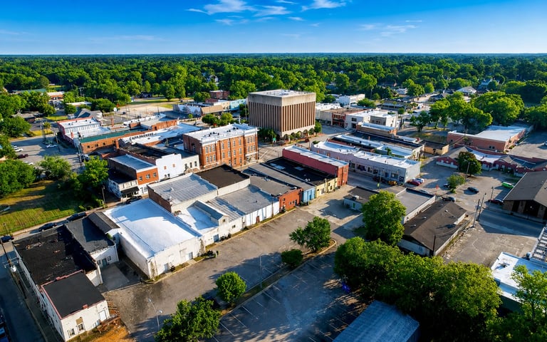 Aerial view of an industrial or commercial complex with multiple buildings and warehouses surrounded by trees and green landscape