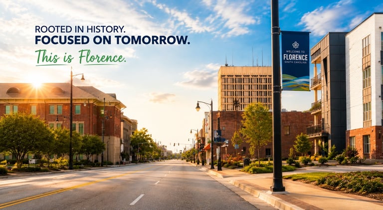 Downtown Florence street at sunrise with historic brick buildings, banner, and text: Rooted in History. Focused on Tomorrow. This is Florence.