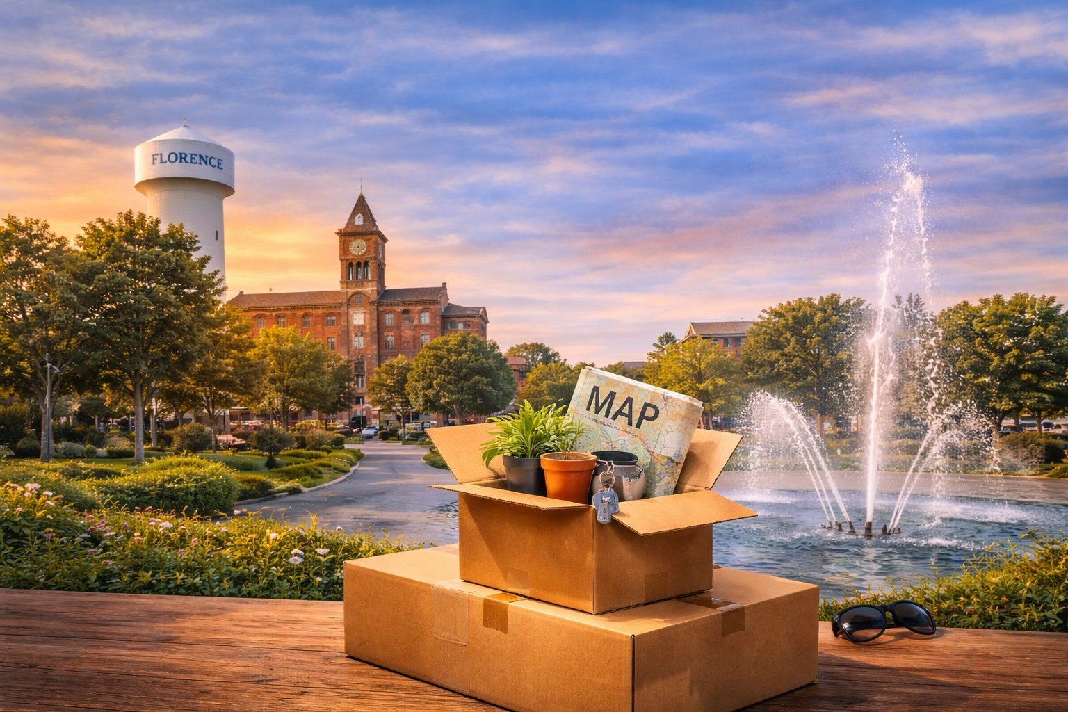 Cardboard boxes forming a tourist monument with a map and potted plant, overlooking a town square with water fountain and historic buildings