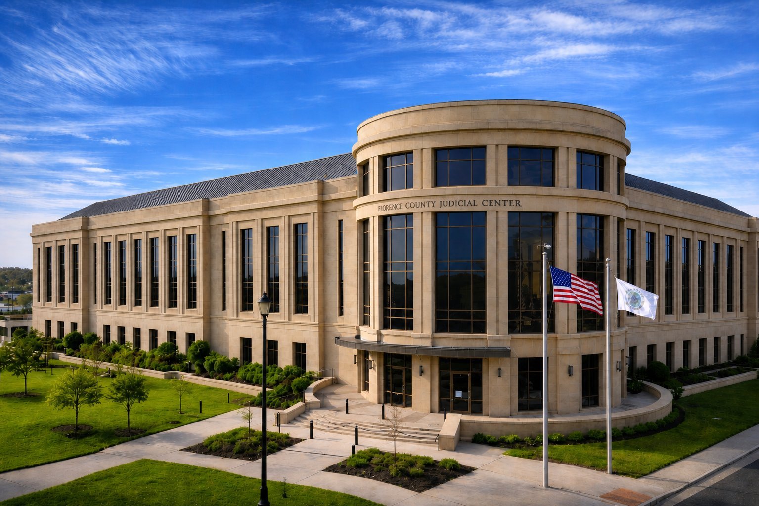 Beige classical building with curved facade, columns, and arched windows under blue sky with landscaped grounds and flags