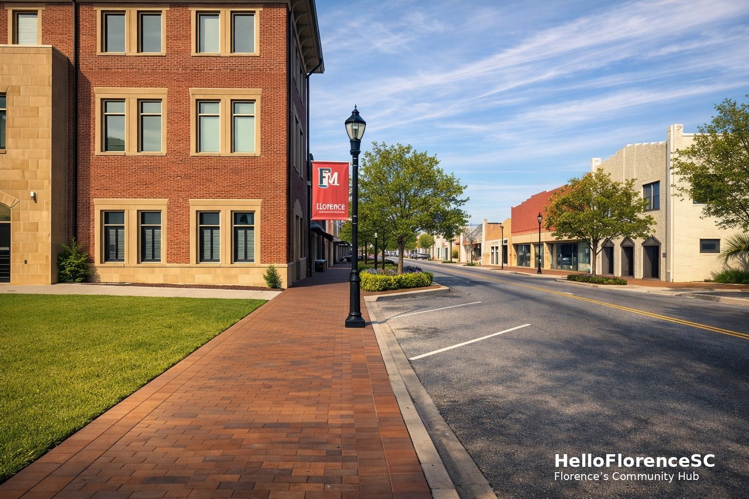 Downtown street with red brick buildings, sidewalk, street lamp, and trees lining a sunny day